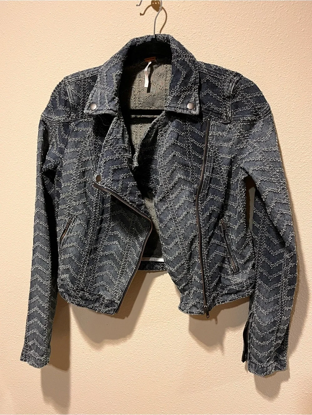 Free People Blue Chevron Denim Moto Jacket - Picture 9 of 11